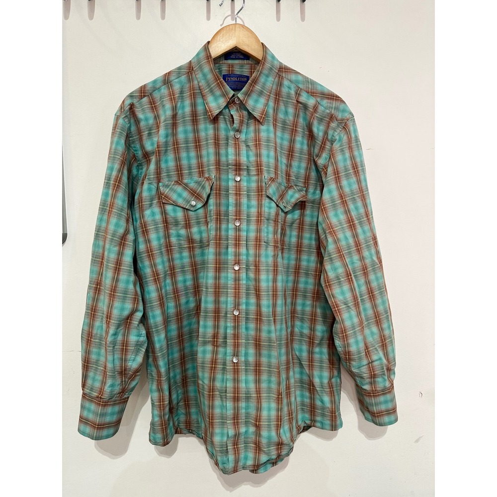 Pendleton Men's Large Western Pearl Snap Shirt Turquoise Brown Plaid Cowboy